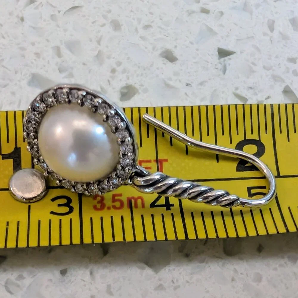 David Yurman Pearl and Pave Diamond Sterling Silver Cable Drop Earrings - RARE - Picture 7 of 7